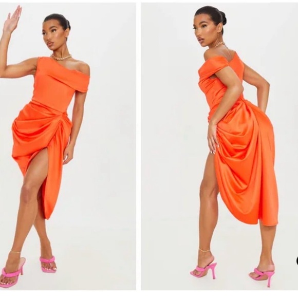 PrettyLittleThing Dresses & Skirts - PrettyLittleThing Orange One-Shoulder Draped Midi Dress